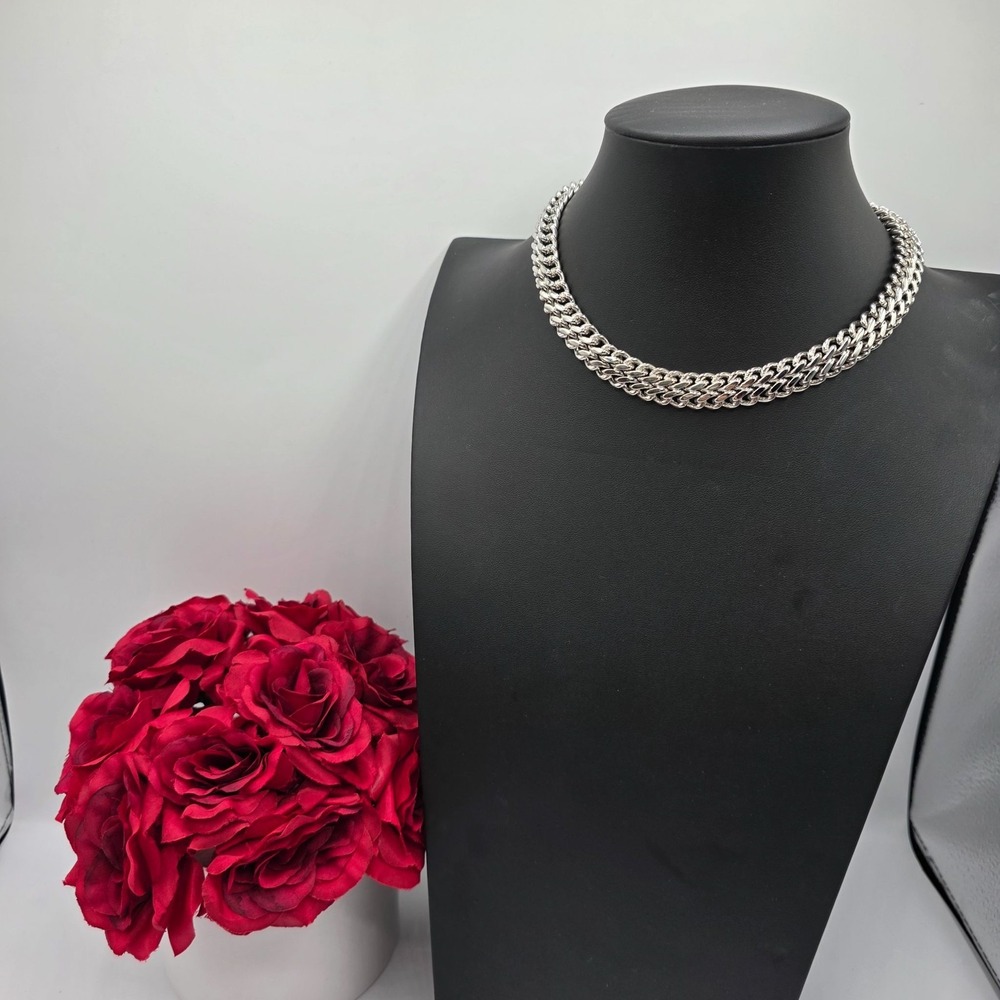 Monet Silver Tone Double Curb Link Chain Necklace Choker Vintage Signed Classic